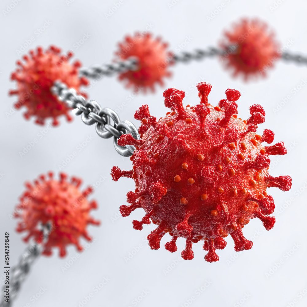 Poster conceptual red virus linked by metal chain symbolizes strong connection and spread of mrsa infection