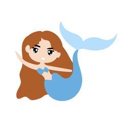 Adorable cute cartoon mermaid character. Pretty Mermaid Character with Fish Tail 