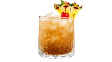 A tropical mai tai cocktail with a pineapple slice and cherry garnish, served in a tall glass, Transparent background, PNG file