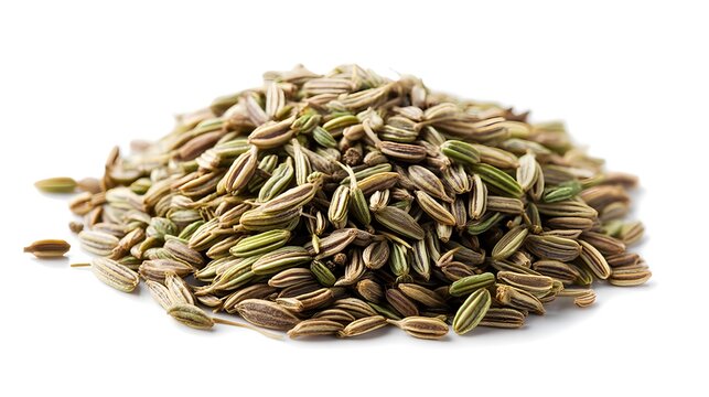 A pile of dried fennel seeds on a white surface.