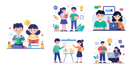 Fototapeta premium A boy and a Girl studying and learning with books and a computer, Flat design vector illustration with white background