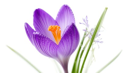 A violet crocus flower emerging from a short stem isolated on white