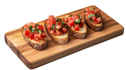 A traditional Italian bruschetta with toasted bread, fresh tomatoes, garlic, basil, and olive oil, served on a wooden board
