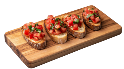 A traditional Italian bruschetta with toasted bread, fresh tomatoes, garlic, basil, and olive oil, served on a wooden board