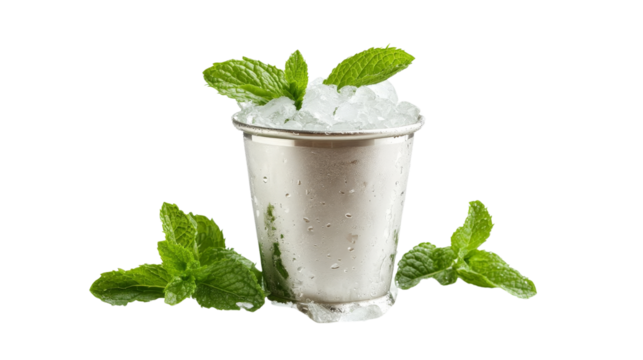 A traditional mint julep cocktail with crushed ice and fresh mint, served in a silver cup, Transparent background, PNG file