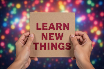 person holding a sign that says learn new things
