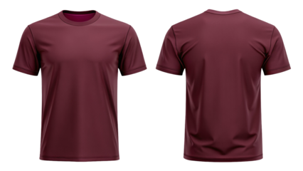 Two views of a maroon t shirt with short sleeves against a black background front and back views shown