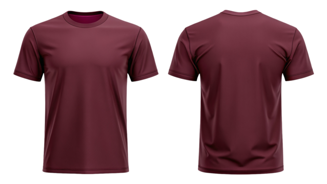 Two views of a maroon t shirt with short sleeves against a black background front and back views shown