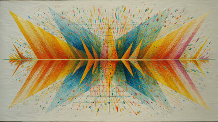 editorial spread on color psychology | cosmic rhythm | spiritual revelation | subdued pastels | central disruption | cosmic triangles | oscillating chroma shifts | gesture-based brushwork | inner