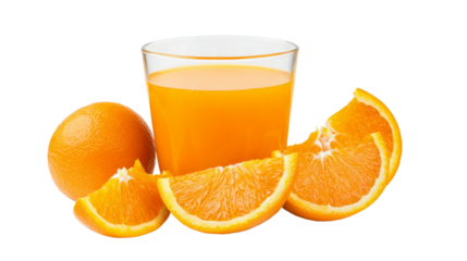 A vibrant orange juice freshly squeezed, served in a clear glass with orange slices on the rim, Transparent background, PNG file