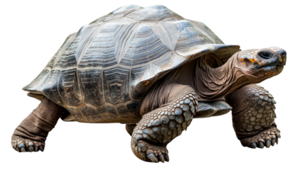 A wise old tortoise walking slowly with a textured shell, Transparent background, PNG file