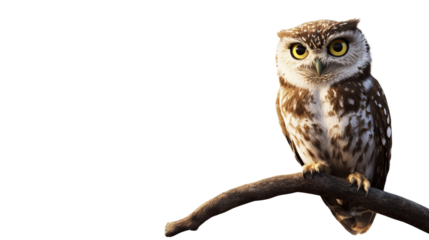 A wise owl perched on a branch, staring intently with large eyes, Transparent background, PNG file