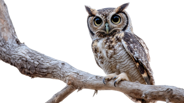 A wise owl perched on a branch, staring intently with large eyes, Transparent background, PNG file