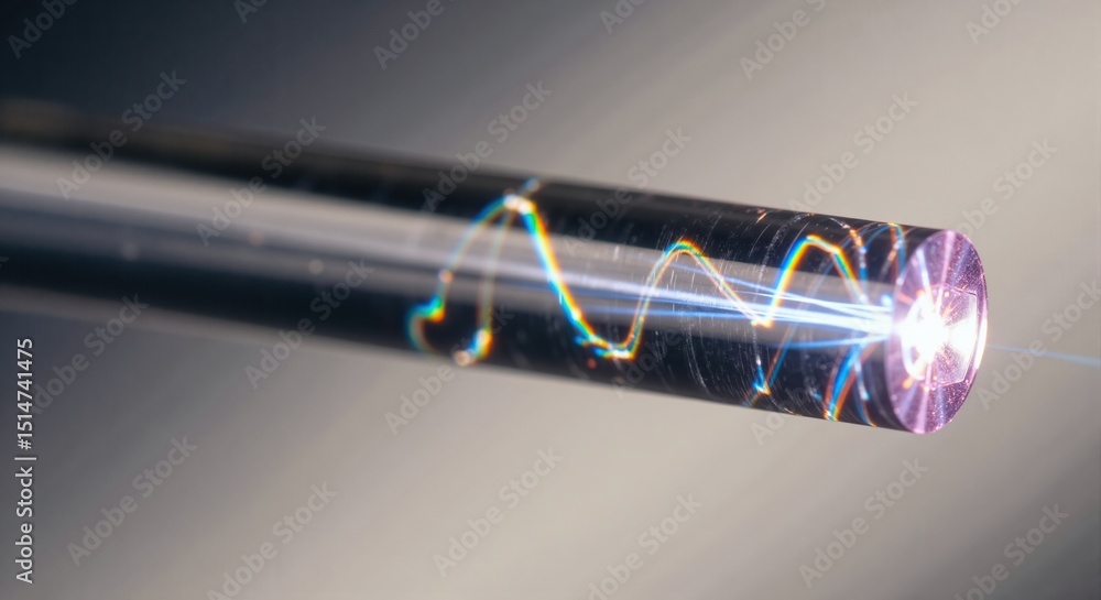 Poster fiber optic cable with light traveling through it. data transmission technology concept with fast in