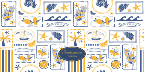 Seamless summer marine pattern with stamps, fashionable wallpaper with coastal elements in yellow and blue. Vector design.
