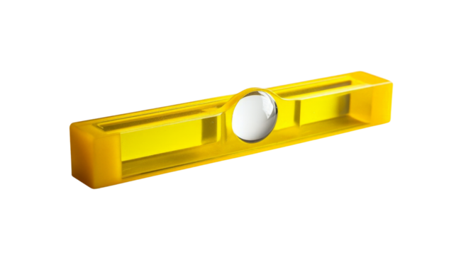 A yellow spirit level with a centered bubble, Transparent background, PNG file