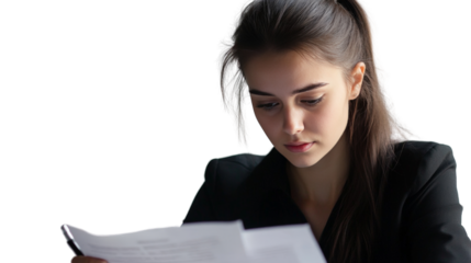 A young female attorney reviewing a legal document in her office, Transparent background, PNG file