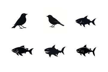 Fototapeta premium Black silhouettes of birds and fish