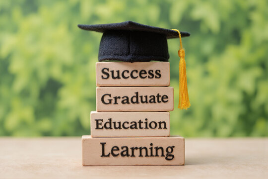 graduation cap on top of a stack of wooden blocks with the words success graduate education learning