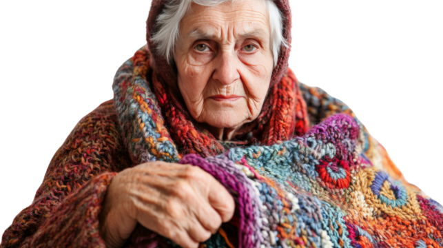 An elderly woman knitting a colorful blanket, looking peaceful, Transparent background, PNG file