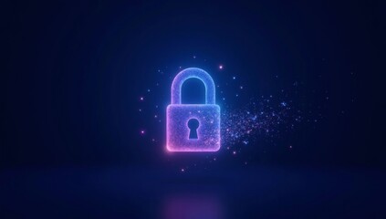 Futuristic padlock made of glowing particles, illustrating data protection, encryption, and cyber security in the digital world on a dark background