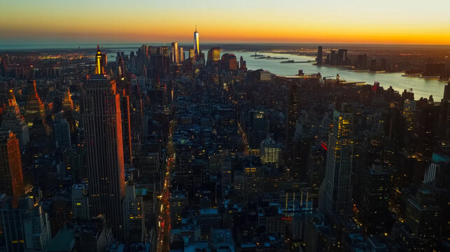 Sunset over skyline showcases city lights and skyscrapers with vibrant colors reflected in the water - Powered by Adobe