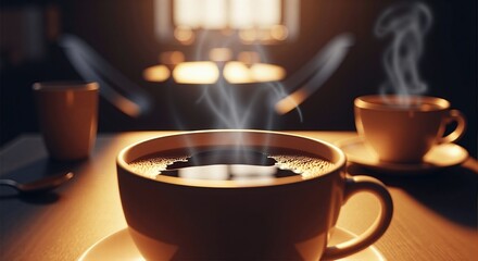 Steaming coffee cup on table with warm light. Hot drink serving for cozy morning and relaxation concept.