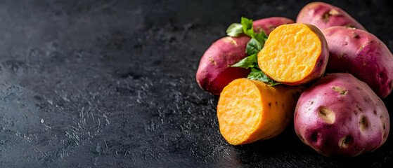 Close Up Pile Of Sweet Potatoes With Orange And Purple Slices On Dark Background