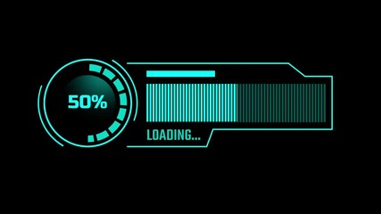 This circular tech-themed loading animation features glowing cyan accents and digital text for futuristic loading or progress indicators in applications - Powered by Adobe