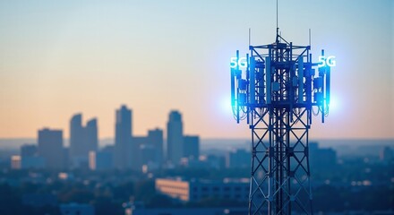 5g cellular tower with glowing blue antennas overlooking a city skyline. High speed wireless network for modern communication.