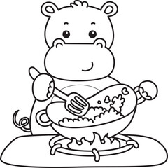 Outline of Cute hippo icon. Lineart of Funny baby hippo animal series stock illustration. life of fluffy hippo designs.