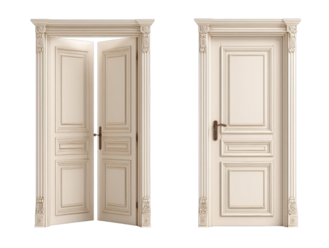 Two antique-style doors, cream colored, detailed with classical trim, one pair open, one single