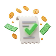 3D payment receipt with green cash bills, gold coins, and a green check mark indicating completed transaction isolated on a transparent background, png, cutout