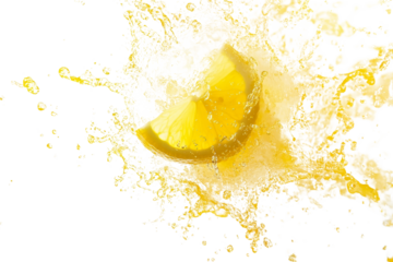 explosion of splash yellow water with Lemon wedge float in the air at center isolated on transparent background