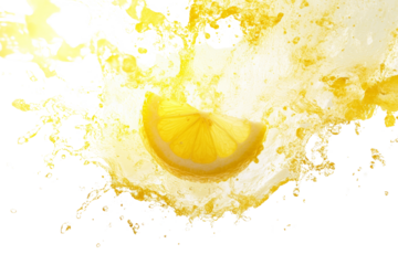 explosion of splash yellow water with Lemon wedge float in the air at center isolated on transparent background