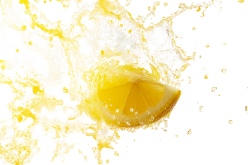 explosion of splash yellow water with Lemon wedge float in the air at center isolated on transparent background