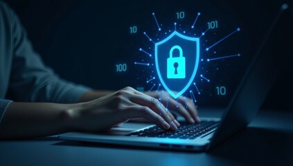 Cybersecurity concept with a person typing on a laptop and a glowing lock shield icon, representing digital protection, secure browsing, and privacy online