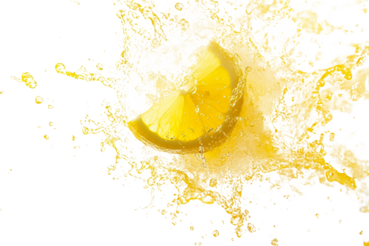 explosion of splash yellow water with Lemon wedge float in the air at center isolated on transparent background