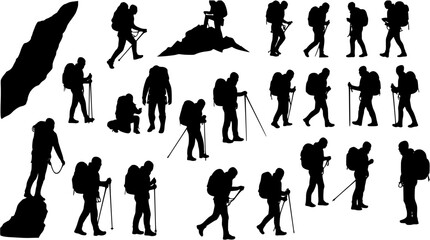Obraz premium Big set of mountaineer climber hiker people, vector silhouette collection 