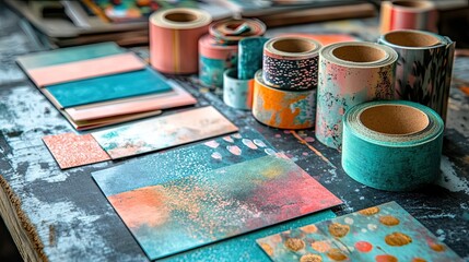 Crafting colorful memories vibrant washi tapes and watercolor postcards bring artistic joy to a rustic wooden table