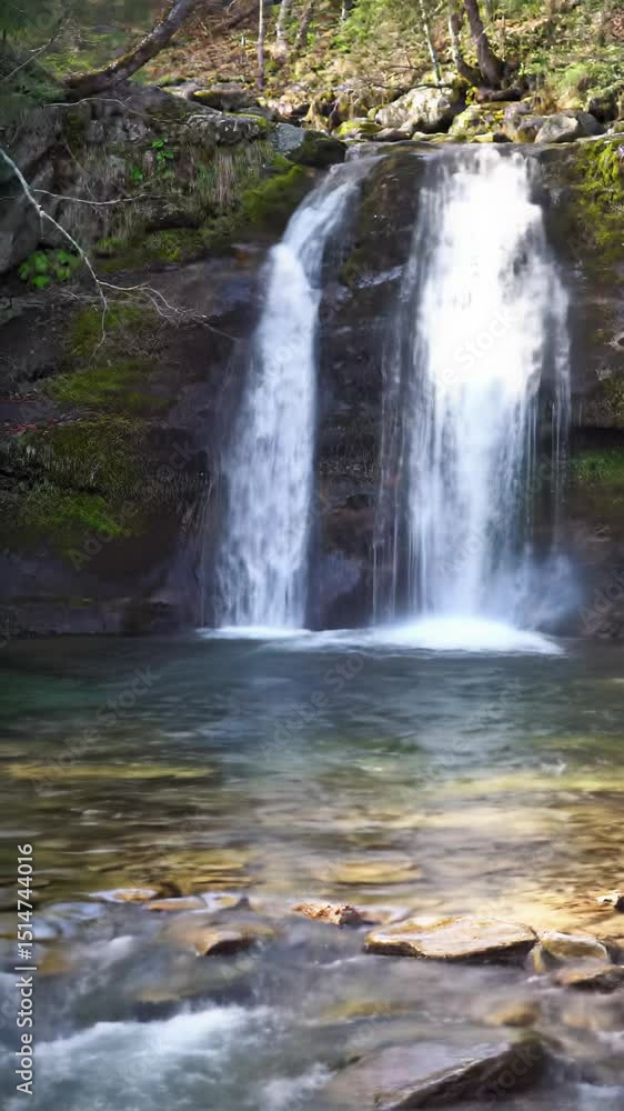 Poster a wide establishing video transitions to a slow push-in on a pristine waterfall cascading over mossy