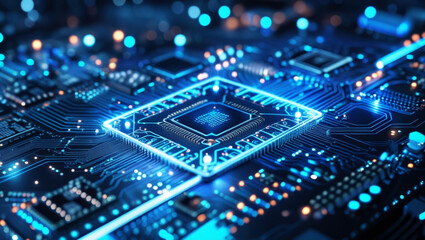 Obraz premium Futuristic close-up of a glowing blue digital circuit board with neon lights, data signals, and complex microchip pathways on a dark background, 3D tech visualization.