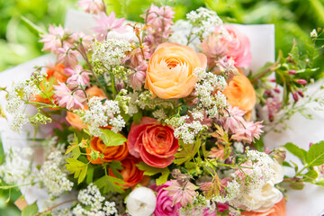 Spring mixed ranunculus bouquet. Beautiful pastel colored fresh flowers arrangement. Birthday...