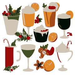 Flat vector Christmas drinks treats including eggnog hot chocolate candy canes fruitcake and gingerbread man