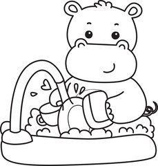 Outline of Cute hippo icon. Lineart of Funny baby hippo animal series stock illustration. life of fluffy hippo designs.