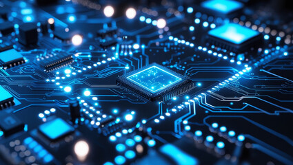 Obraz premium Futuristic close-up of a glowing blue digital circuit board with neon lights, data signals, and complex microchip pathways on a dark background, 3D tech visualization.