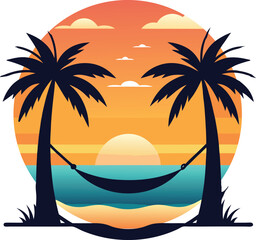 Tropical island sunset with palm trees silhouetted against the vibrant sky and ocean