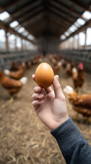 Hand holding a fresh brown egg in a chicken coop with hens in the background on a straw-covered floor.