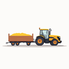 Minimalist Flat Vector Yellow Tractor with Harvest Cart