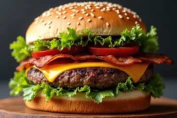 Delicious gourmet cheeseburger featuring bacon lettuce tomatoes and sesame seed bun on a wooden plate